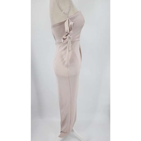 Showpo Common Muse Maxi Dress 0 Tulip Slit Strapless Ties Formal Stone Beige - Picture 11 of 15